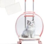 Pet Carrier with Wheels - Transparent PC Material, Sturdy and Breathable Design, Convenient Handle, Suitable for Cats and Dogs (Pink)