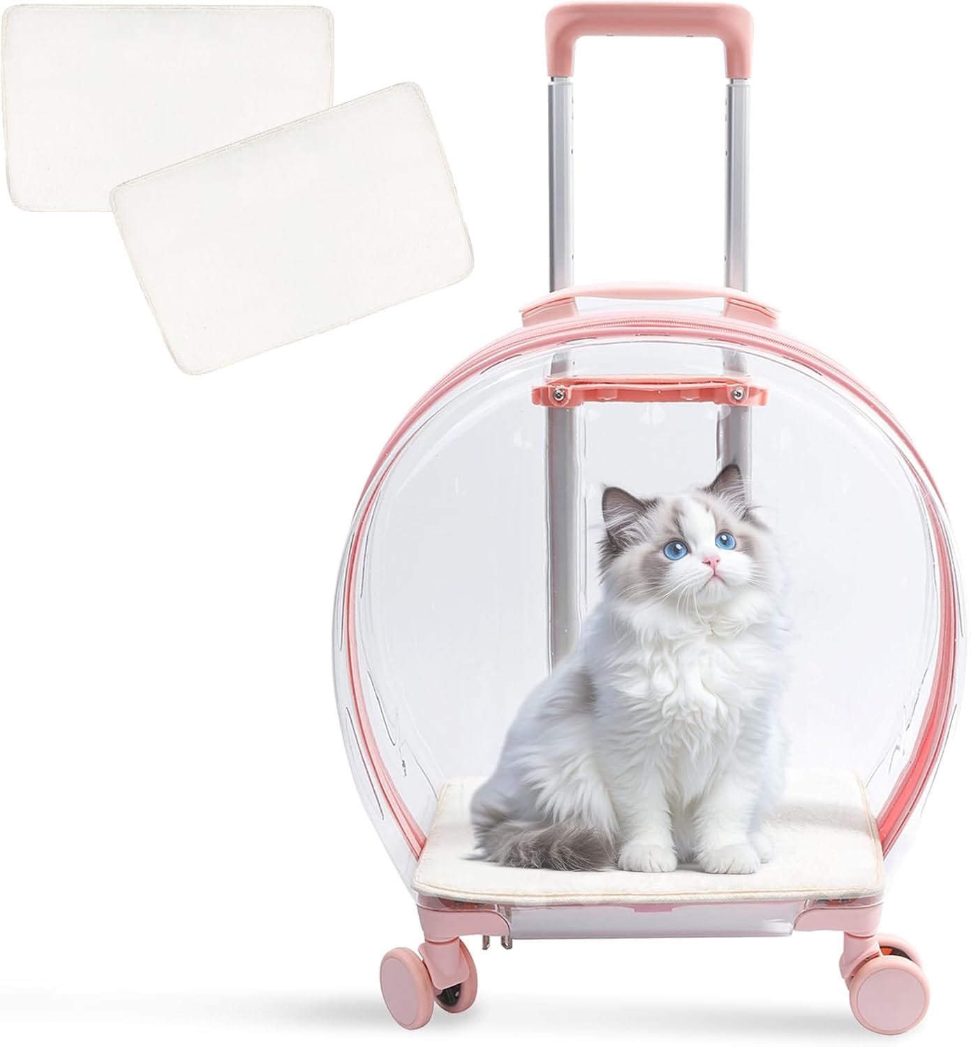 Pet Carrier with Wheels - Transparent PC Material, Sturdy and Breathable Design, Convenient Handle, Suitable for Cats and Dogs (Pink) Pet Carrier with Wheels - Transparent PC Material, Sturdy and Breathable Design, Convenient Handle, Suitable for Cats and Dogs (Pink)