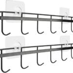YiZhi Adhesive Wall Hooks Rack Kitchen Rail, Space Saving Utensil Holder No Drilling Wall Mounted Accessory Hanger with 6 Hooks for Kitchen Bathroom Bedroom Pack of 2 (Black)