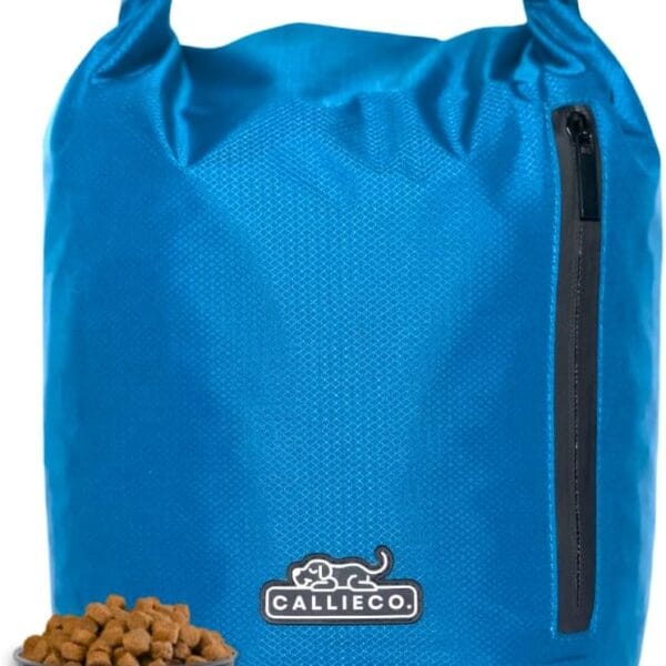 Callieco Dog Food Travel Bag w/ 1 Cup Scoop and Zipper Side Pocket | Waterproof Kibble Storage Container for Home, Road Trips, Camping, Boarding and More (Blue, 64 Cups)