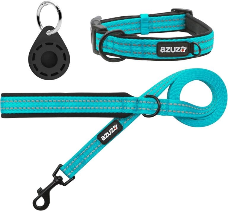 azuza Durable Padded Dog Leash and Collar Set, with Airtag Holder and Reflective Strip, Extra Safe and Comfy for Small Dogs,Blue