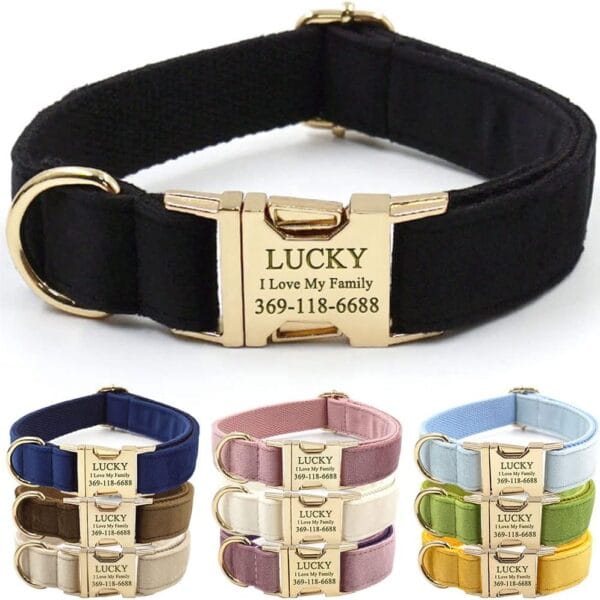 PETDURO Personalized Dog Collar Black Soft Velvet for Large Medium Small Boy Girl Dogs - Custom Collar with Name Phone Engraved on Gold Metal Buckle - Add Matching Leash Bow Set via Customize Now