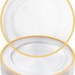 Goodluck 25 Pack Reusable Plastic Clear Charger Plates with Gold Rim, 12-Inch, for Dinner, Wedding, Party, Event Table Decoration, Clear&Gold