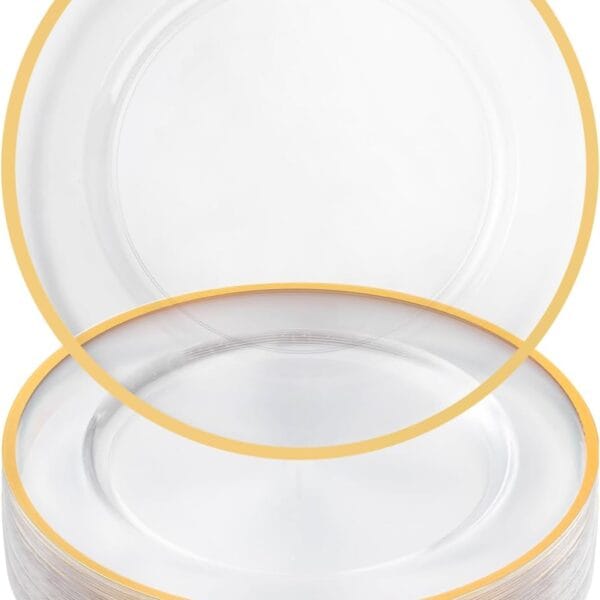 Goodluck 25 Pack Reusable Plastic Clear Charger Plates with Gold Rim, 12-Inch, for Dinner, Wedding, Party, Event Table Decoration, Clear&Gold