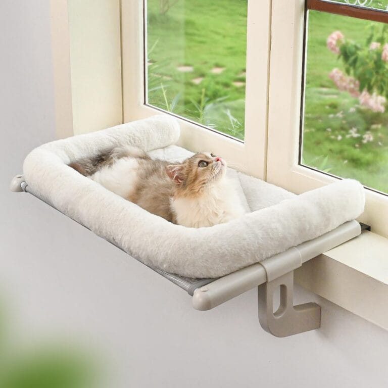 Cat Window Sill Perch with Large Bolster, Easy to Adjust & Assemble Cat Window Seat for Windowsill & Bedside, Pet Hammock Bed for Large Cats and Kittens (White, M)