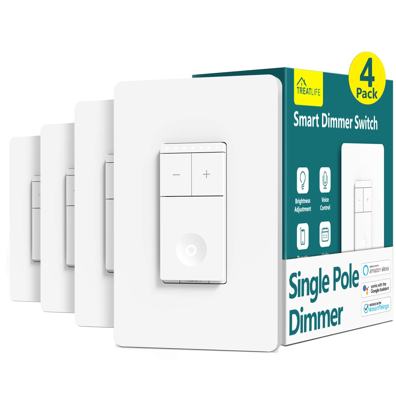 TREATLIFE Smart Dimmer Switch 4 Pack, Single Pole 2.4GHz Wi Fi Smart Light Switch Works With Alexa And Google Assistant, Neutral Wire Needed, Schedule, Remote Control, FCC Listed TREATLIFE Smart Dimmer Switch 4 Pack, Single Pole 2.4GHz Wi-Fi Smart Light Switch Works with Alexa and Google Assistant, Neutral Wire Needed, Schedule, Remote Control, FCC Listed