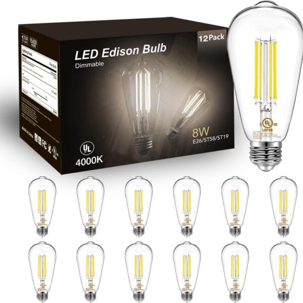 DAYBETTER 12 Pack Vintage LED Edison Bulbs, E26 Led Bulb 60W Equivalent, Dimmable Led Light Bulbs, High Brightness 800 LM Neutral White 4000K, ST58 Antique Filament Bulbs, Clear Glass Style for Home