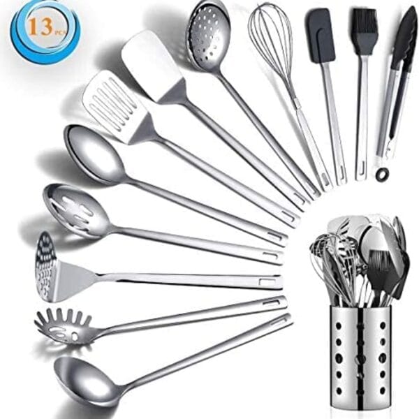 Stainless Steel Cooking Utensils Set, Berglander 13 Pieces Kitchen Utensils Set, Kitchen Tools Set With Utensil Holder Non-Stick And Heat Resistant,Dishwasher Safe, Easy to Clean (13 Packs)