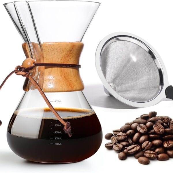 Pour Over Coffee Maker 27 OZ, 8 Cup Borosilicate Glass Drip Coffee Maker with Reusable Stainless Steel Filter and Cork Grip for Home Caf 800 ML