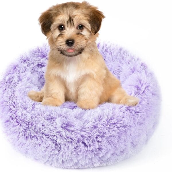 NOYAL Calming Donut Dog Bed for Small to Medium Dogs & Cats - Plush Faux Fur Anti-Anxiety Pet Bed with Machine Washable Cover & Non-Slip Base