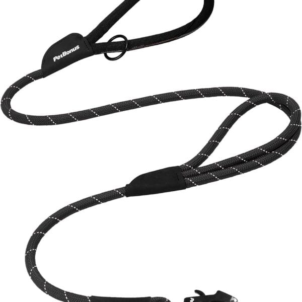 PetBonus Two Handles Dog Leash, 5FT Heavy Duty Pet Rope Leash with Quick Release Metal Clip, Comfortable Durable Traffic Handle, Reflective Training Lead for Medium Large Dogs (Black)