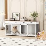 Large Dog Crate Furniture, 86.6 Inch Wooden Dog Kennel with Drawers & Divider, Heavy Duty Indoor Furniture Style Dog House with Double Rooms for Large Medium Small Dogs, White