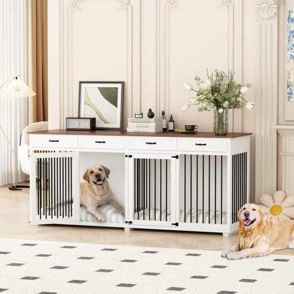 Large Dog Crate Furniture, 86.6 Inch Wooden Dog Kennel with Drawers & Divider, Heavy Duty Indoor Furniture Style Dog House with Double Rooms for Large Medium Small Dogs, White