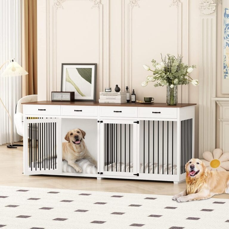 Large Dog Crate Furniture, 86.6 Inch Wooden Dog Kennel with Drawers & Divider, Heavy Duty Indoor Furniture Style Dog House with Double Rooms for Large Medium Small Dogs, White