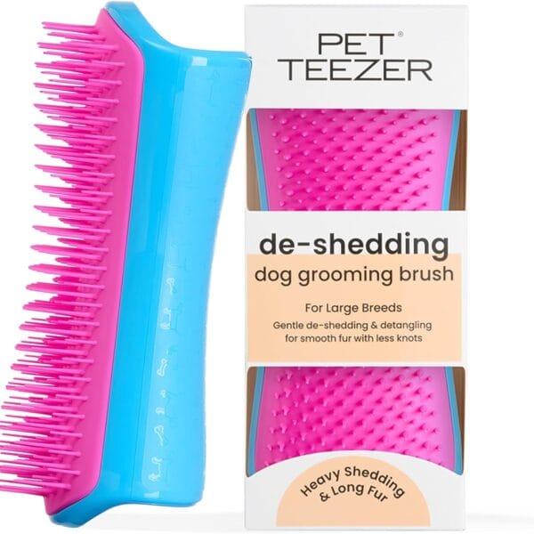 Pet Teezer De-Shedding Dog Brush by Tangle Teezer, Dog Grooming Tool for Long Haired Breeds and Wet or Dry Fur, Large, Blue & Pink