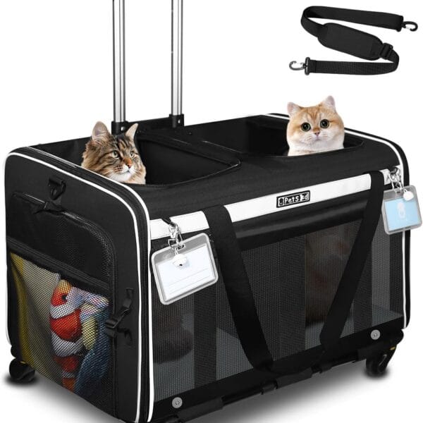 Petskd Large Rolling 2 Compartments Pet Carrier for 2 Cats or a Medium Dog, 24"X 17"X 15" Double Cat Carrier with Wheels and Locking Safety Zippers for Vet, Walk, Car Travel(Black)