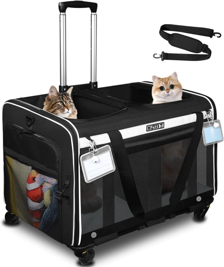 Petskd Large Rolling 2 Compartments Pet Carrier for 2 Cats or a Medium Dog, 24"X 17"X 15" Double Cat Carrier with Wheels and Locking Safety Zippers for Vet, Walk, Car Travel(Black)