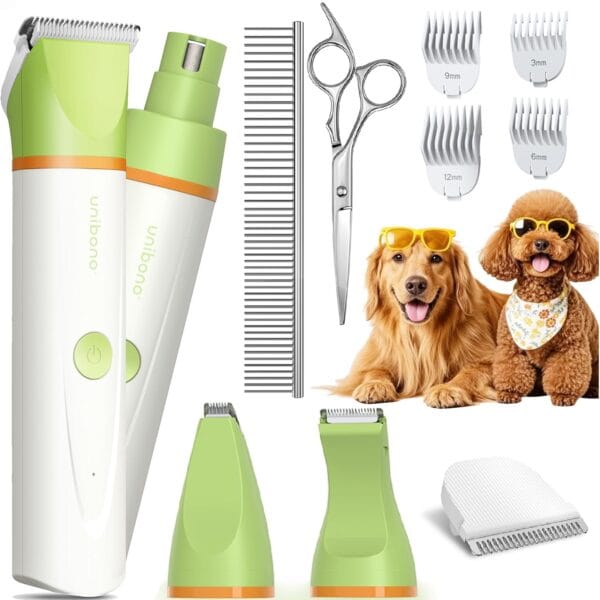 Dog Grooming Kit with Paw Trimmer, All-in-One Low Noise Electric Rechargeable Small Quiet Pet Clippers Foot Dog Hair Shaver with Stainless Steel Scissors and Comb for Dogs at Home