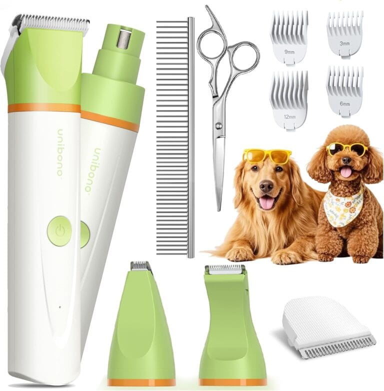 Dog Grooming Kit with Paw Trimmer, All-in-One Low Noise Electric Rechargeable Small Quiet Pet Clippers Foot Dog Hair Shaver with Stainless Steel Scissors and Comb for Dogs at Home