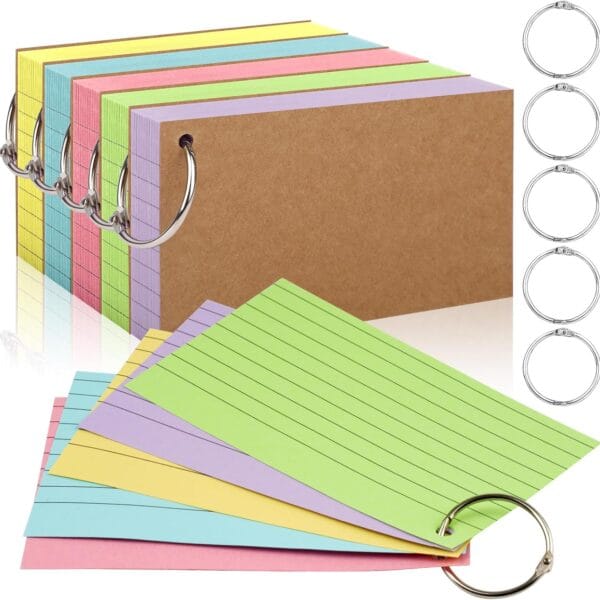 350 Pcs Index Cards With Ring, 3x5 Inches Flash Cards With RingsColored Heavy Notecards With Ring, Punched Lined Study Cards For School, College, Home, Office, Memory, To Do List (5 Colors)