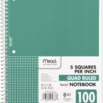 Mead Spiral Notebook, 1 Subject, Graph Ruled Paper, 7-1/2" x 10-1/2", 100 Sheets, Green (05676AC5)