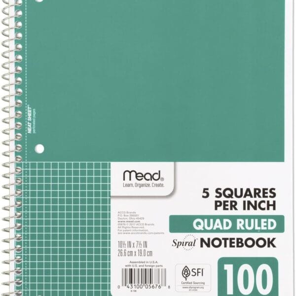 Mead Spiral Notebook, 1 Subject, Graph Ruled Paper, 7-1/2" x 10-1/2", 100 Sheets, Green (05676AC5)