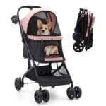 Romiromi Dog Stroller,4 Wheels Easy-Fold Pet Cat Stroller for 10-36 lbs Small/Medium Dogs and Cats with Storage Basket & Cup Holder, Breathable Mesh,All-Season-Pink