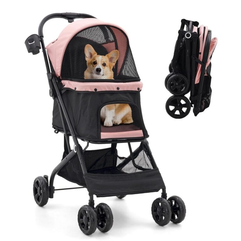 Romiromi Dog Stroller,4 Wheels Easy-Fold Pet Cat Stroller for 10-36 lbs Small/Medium Dogs and Cats with Storage Basket & Cup Holder, Breathable Mesh,All-Season-Pink