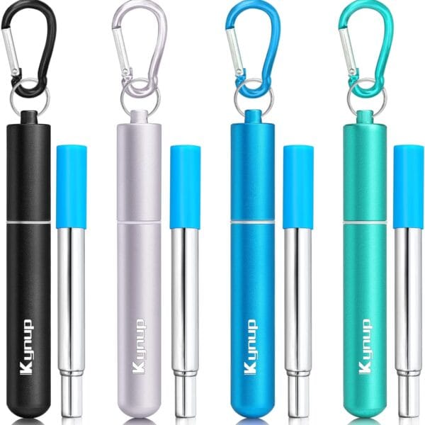 Kynup 4Packs Reusable Straws, Metal Straw with Silicon, Travel Drinking Straws with Metal Case, Keychain, Cleaning Brushes, Silicon Pcs Perfect for Travel, Gifts (20 PCS) Blue-Black-Silver-Turquoise
