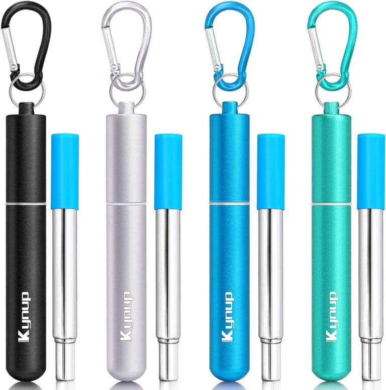 Kynup 4Packs Reusable Straws, Metal Straw with Silicon, Travel Drinking Straws with Metal Case, Keychain, Cleaning Brushes, Silicon Pcs Perfect for Travel, Gifts (20 PCS) Blue-Black-Silver-Turquoise