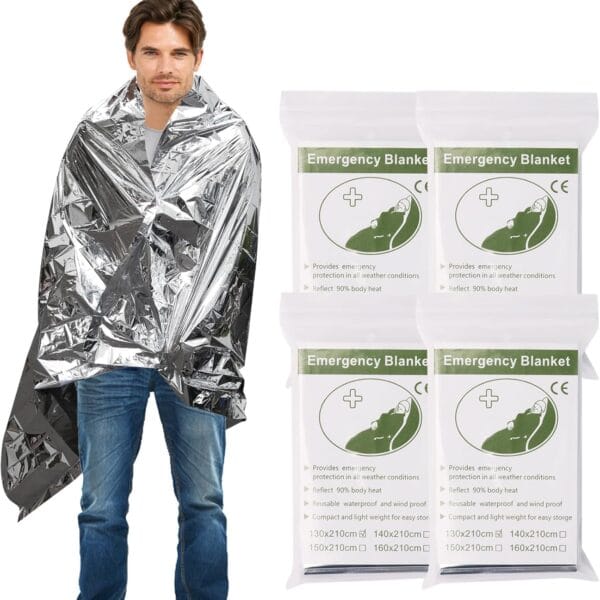 4 Pack Emergency Blanket, Premium Mylar Bankets, Thermal Blanket for Camping, Space Blankets Survival, Foil Blankets for Warmth, Heat Reflective Blanket for Outdoors, Hiking, Marathons, First Aid