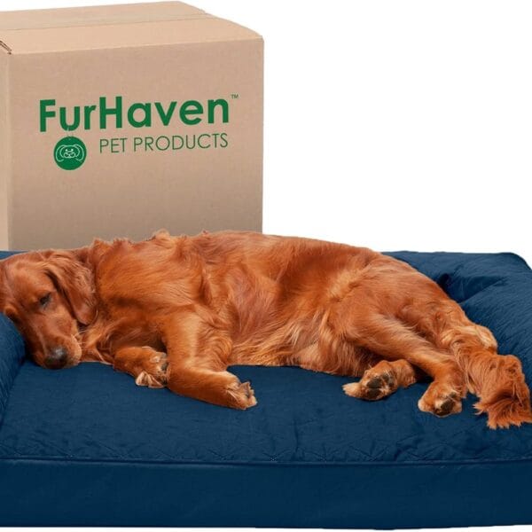 Furhaven Orthopedic Dog Bed for Large Dogs w/ Removable Bolsters & Washable Cover, For Dogs Up to 95 lbs - Quilted Sofa - Navy (Blue), Jumbo/XL
