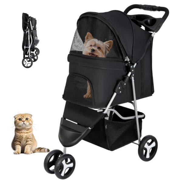 ZENY Foldable Pet Stroller, Cat/Dog Stroller with 3 Wheel, Pet Strolling Cart, Dog Travel Carrier with Storage Basket + Cup Holder, Black