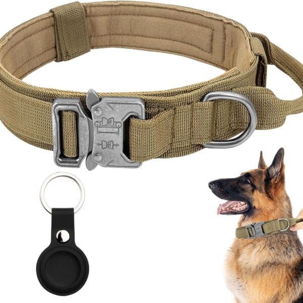 Tactical Military Dog Collar - Adjustable Nylon with Control Handle & Heavy Metal Buckle for Medium & Large Dogs - Airtag Case (M, Brown)