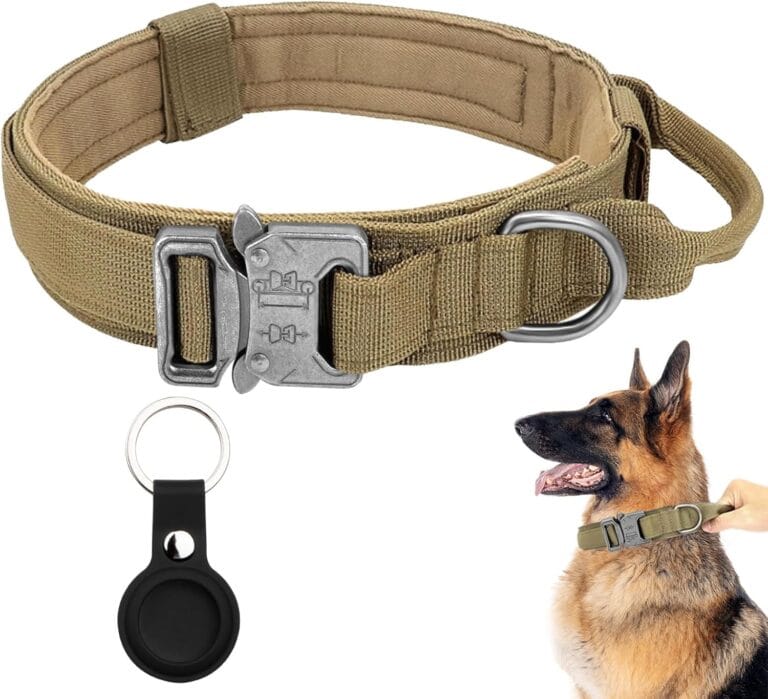 Tactical Military Dog Collar - Adjustable Nylon with Control Handle & Heavy Metal Buckle for Medium & Large Dogs - Airtag Case (M, Brown)