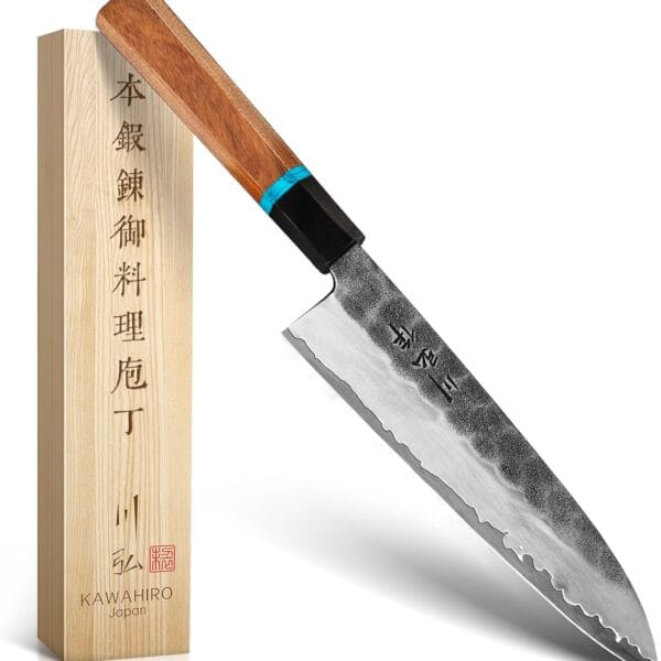KAWAHIRO Japanese Chef Knife, 210mm Black Forged VG10 Kitchen Knife, Handcrafted Professional Chefs Knife with Ergonomic Handle, Perfect Birthday Gifts for Men Women, Luxury Gift Wood Box