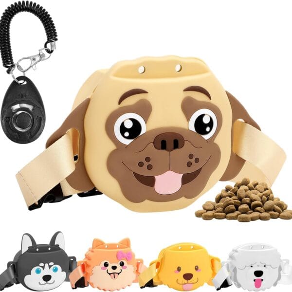 MEWTOGO Silicone Dog Treat Pouch for Pet Training - Strong Magnetic Closure, 1.69 Cup Portable Easy to Clean Treat Bag with Training Clicker Waistband for Dog Walking Outdoor, Bulldog - Khaki