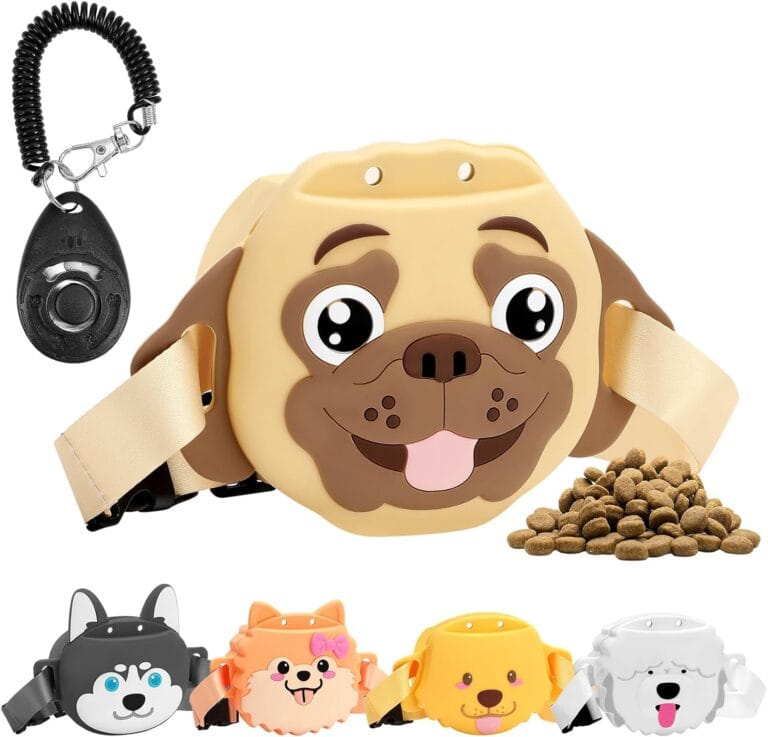 MEWTOGO Silicone Dog Treat Pouch for Pet Training - Strong Magnetic Closure, 1.69 Cup Portable Easy to Clean Treat Bag with Training Clicker Waistband for Dog Walking Outdoor, Bulldog - Khaki