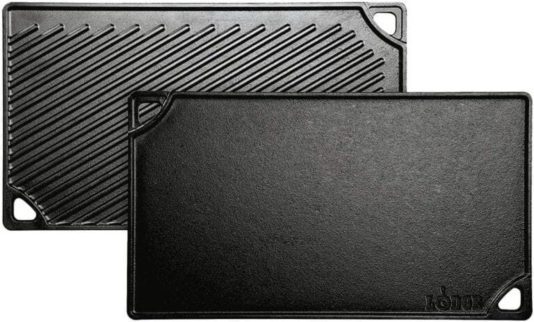 Lodge Reversible Cast Iron Grill/Griddle  9.5 x 16.75 Inch Pre-Seasoned Cooking Surface  Flat & Ribbed Sides  Use on Stove, Grill, or Campfire  Made in the USA  Heavy-Duty, Black