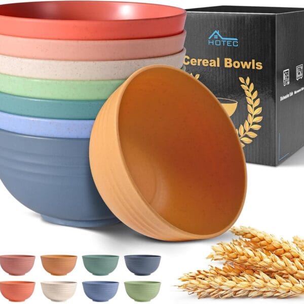 HOTEC BPA Free Unbreakable Wheat Straw Cereal Bowls - Microwave & Dishwasher Safe Soup and Salad Bowls, Set of 8, 26oz, Multicolor