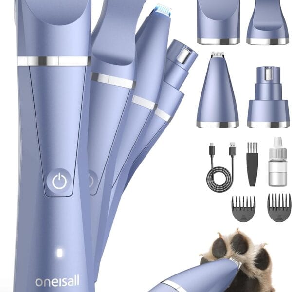 oneisall Dog Paw Trimmer 4 in 1, Low Noise Dog Clippers for Grooming, Cordless Dogs Grooming Kit Nail Grinder, IPX7 Waterproof Puppy Shaver for Pets's Paws, Eyes, Ears, Face, Rump