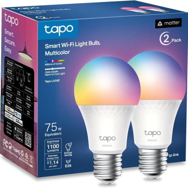 TP-Link Tapo Smart Light Bulbs, 1100 Lumens High Brightness (75W Equivalent), Matter-Certified, 16M Colors WiFi Light Bulb, Dimmable, Works w/Siri, Alexa & Google Home, A19 E26, Tapo L535E(2-Pack)