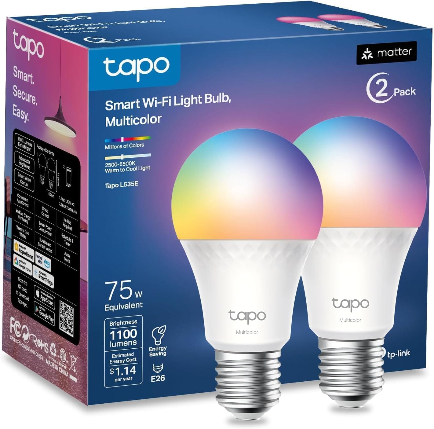 TP Link Tapo Smart Light Bulbs, 1100 Lumens High Brightness (75W Equivalent), Matter Certified, 16M Colors WiFi Light Bulb, Dimmable, Works W/Siri, Alexa & Google Home, A19 E26, Tapo L535E(2 Pack) TP-Link Tapo Smart Light Bulbs, 1100 Lumens High Brightness (75W Equivalent), Matter-Certified, 16M Colors WiFi Light Bulb, Dimmable, Works w/Siri, Alexa & Google Home, A19 E26, Tapo L535E(2-Pack)
