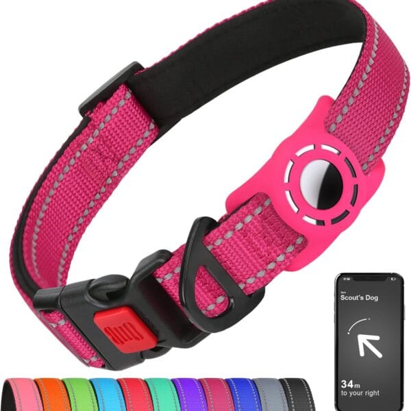 Airtag Dog Collar with AirTag Holder for Small Dogs, Reflective, Soft Padded & Safety Locking Buckle, Nylon Pet Collars Adjustable for All Breeds, Hotpink,S