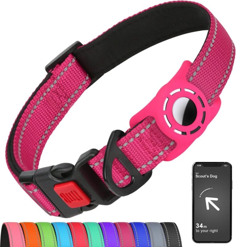 Airtag Dog Collar with AirTag Holder for Small Dogs, Reflective, Soft Padded & Safety Locking Buckle, Nylon Pet Collars Adjustable for All Breeds, Hotpink,S