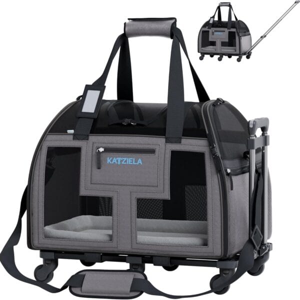Katziela Airline Approved Pet Carrier - Rolling Portable Travel Carry Crate for Small Dog, Puppy or Cat - Soft Removable Wheeled Design with Mesh Window Sides - Airplane and TSA Compliant (Dark Grey)