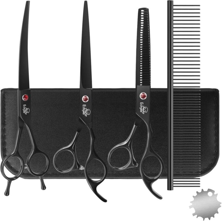 7.0" Professional Dog Grooming Scissors Kit  3-Piece Set with Straight, Curved & Thinning Shears, Black Japanese Stainless Steel, Includes Grooming Comb for Dogs & Cats