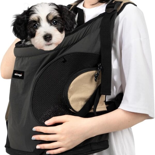 NATUYA Dog Front Carrier, Pet Carrier Front-Pack for Small Dog Puppy Cat, Travel Hiking Waterproof Lightweight Pet Bag, Padded Bottom Mat & Zip Pockets (Black)