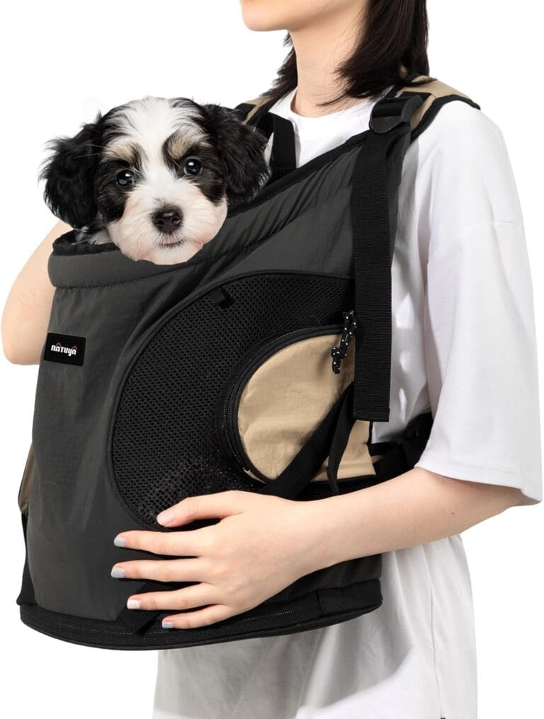 NATUYA Dog Front Carrier, Pet Carrier Front-Pack for Small Dog Puppy Cat, Travel Hiking Waterproof Lightweight Pet Bag, Padded Bottom Mat & Zip Pockets (Black)
