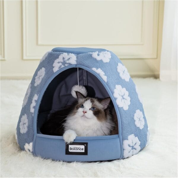 BALANCE Cat Beds for Indoor Cats, 2-in-1 Cat Bed Cave with Anti-Slip Bottom and Ultra-Soft Plush, Cozy Cats House Tent for Kittens and Small Dogs, 19 Inches, Blue